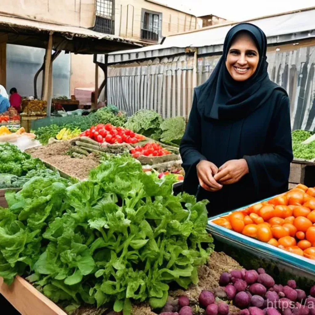 퍼머컬처 기반 지역 경제 활성화 - **Vibrant Community Garden in an Arab Neighborhood:** A bustling and colorful community garden thriv...