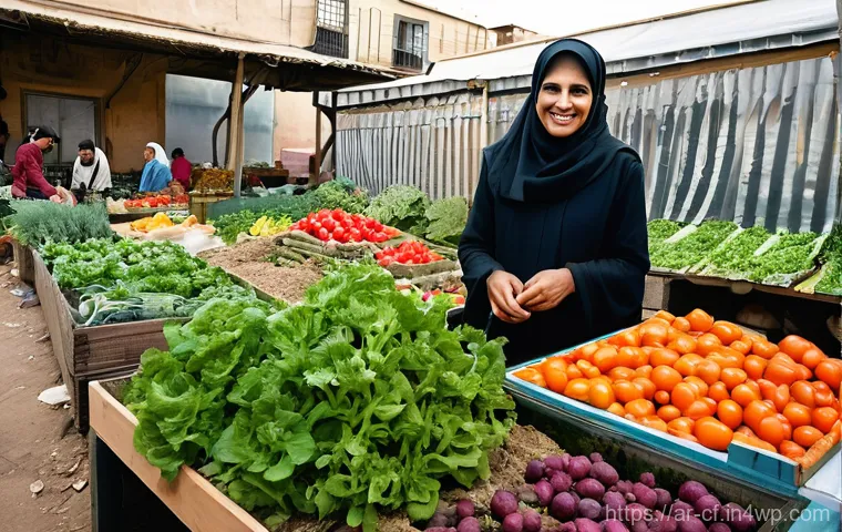 퍼머컬처 기반 지역 경제 활성화 - **Vibrant Community Garden in an Arab Neighborhood:** A bustling and colorful community garden thriv...