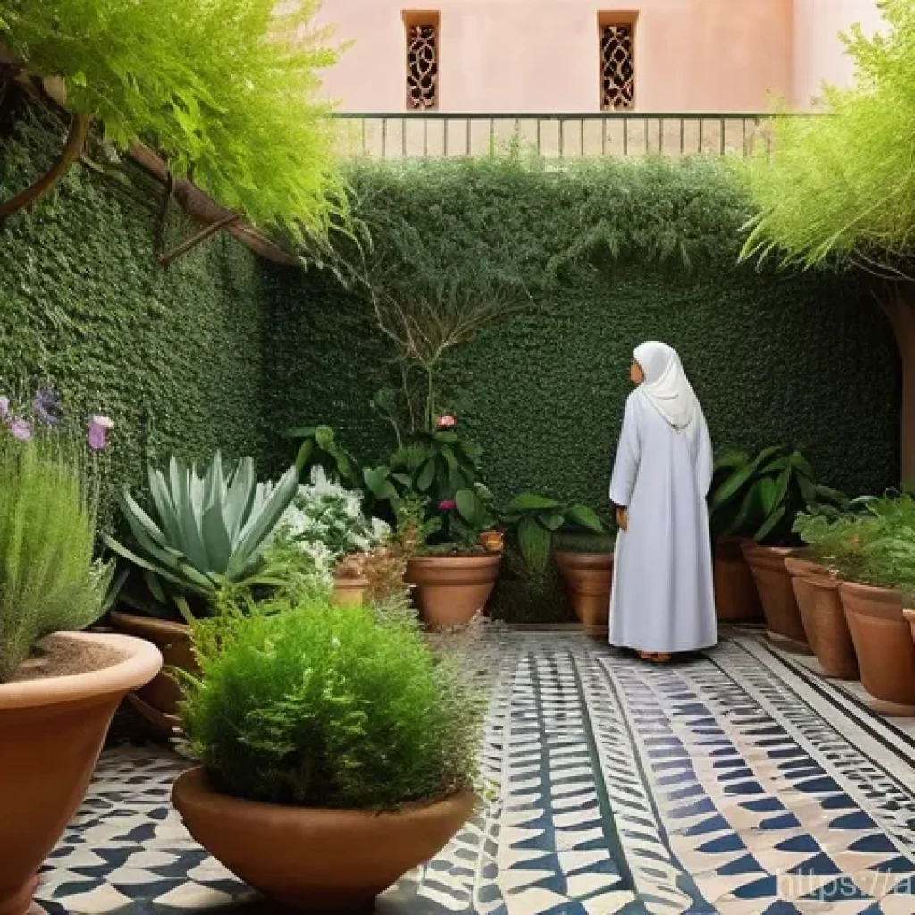 퍼머컬처 생태계 설계 기법 - **Observing the Verdant Courtyard Garden:**
A serene scene in a traditional Arab home's inner co...