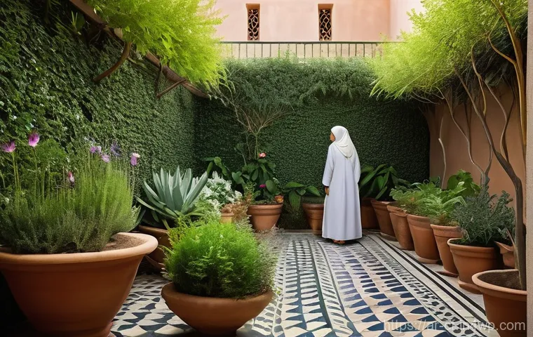 퍼머컬처 생태계 설계 기법 - **Observing the Verdant Courtyard Garden:**
A serene scene in a traditional Arab home's inner co...