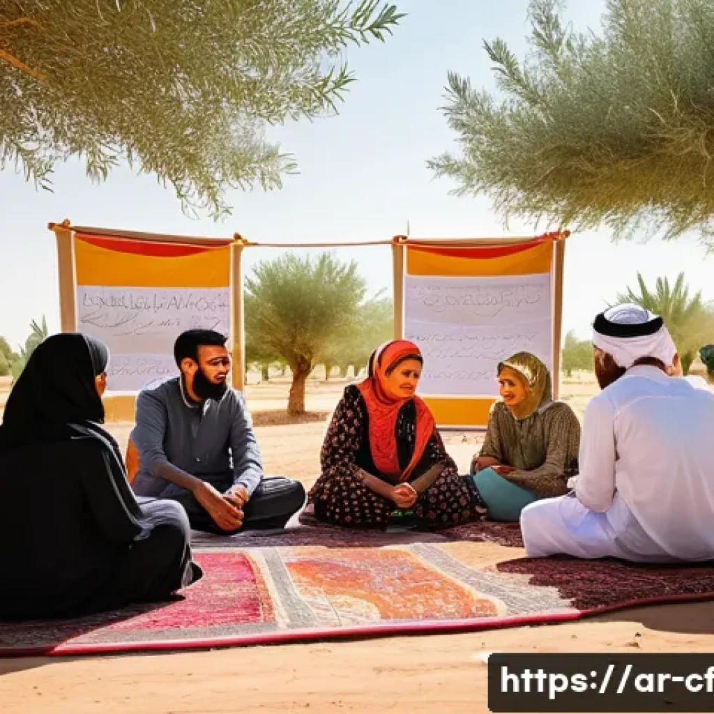 퍼머컬처의 네트워킹 전략 - A vibrant community workshop scene in a rural Arabic setting, featuring diverse farmers wearing trad...