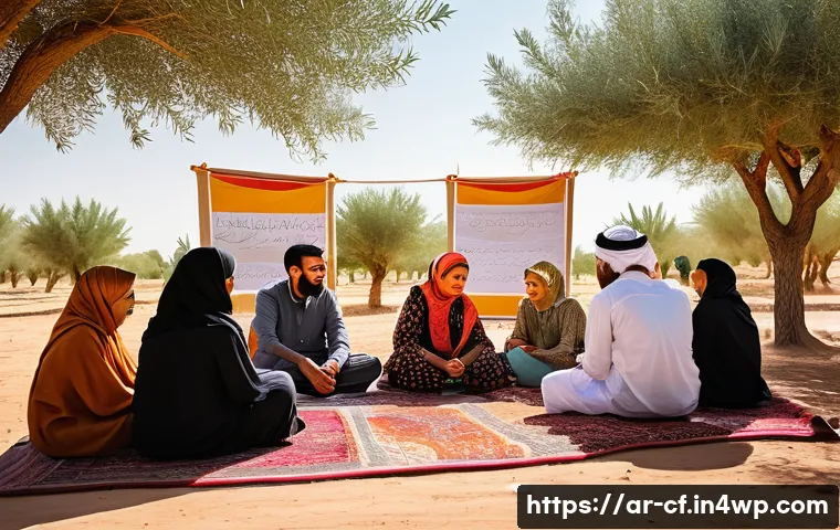 퍼머컬처의 네트워킹 전략 - A vibrant community workshop scene in a rural Arabic setting, featuring diverse farmers wearing trad...