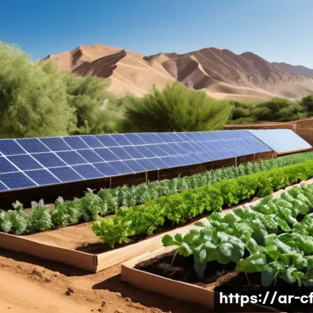 퍼머컬처 프로젝트의 지속 가능성 평가 - A vibrant permaculture farm scene in a Middle Eastern rural setting, showcasing advanced drip irriga...