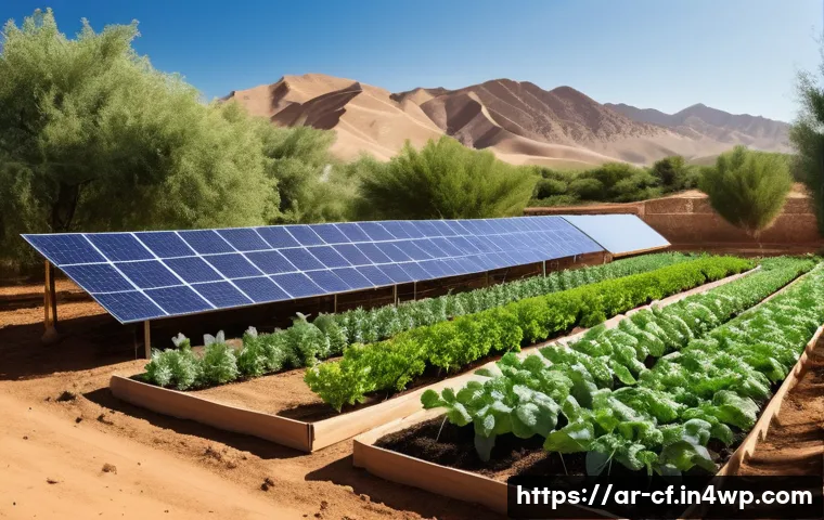 퍼머컬처 프로젝트의 지속 가능성 평가 - A vibrant permaculture farm scene in a Middle Eastern rural setting, showcasing advanced drip irriga...