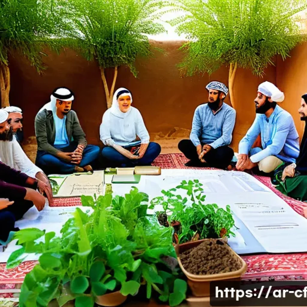 퍼머컬처 커뮤니티의 성공 사례 - A vibrant community workshop in a small Arabic village practicing permaculture, featuring diverse pa...