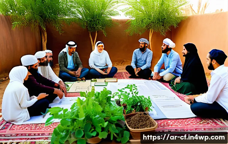 퍼머컬처 커뮤니티의 성공 사례 - A vibrant community workshop in a small Arabic village practicing permaculture, featuring diverse pa...