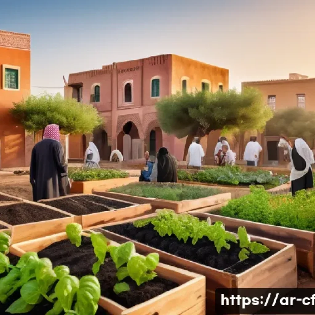 퍼머컬처와 사회 서비스의 통합 - A vibrant community garden scene in a Middle Eastern neighborhood with diverse men and women wearing...