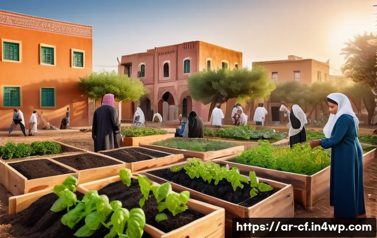 퍼머컬처와 사회 서비스의 통합 - A vibrant community garden scene in a Middle Eastern neighborhood with diverse men and women wearing...