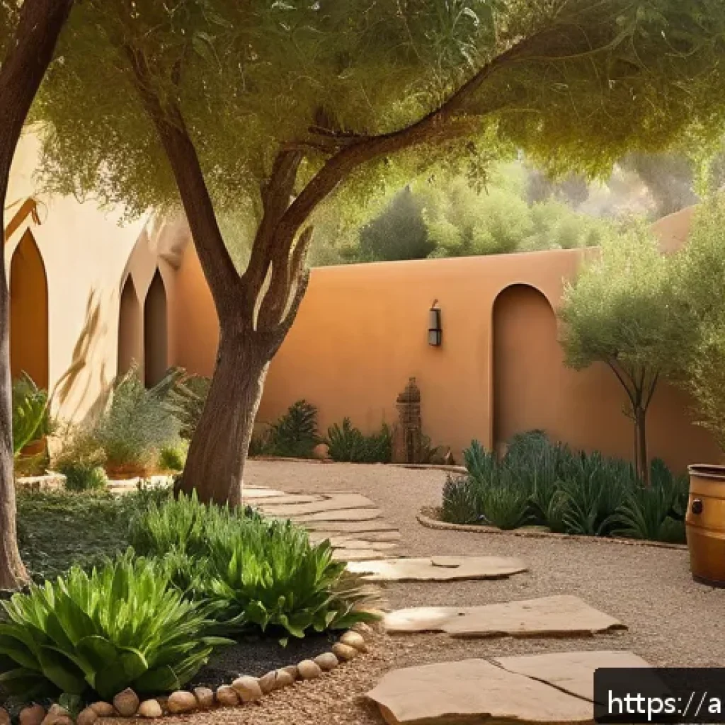 퍼머컬처 원칙을 통한 가치 창출 - A serene sustainable home garden in an Arabic courtyard setting, featuring local natural materials s...