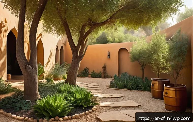 퍼머컬처 원칙을 통한 가치 창출 - A serene sustainable home garden in an Arabic courtyard setting, featuring local natural materials s...