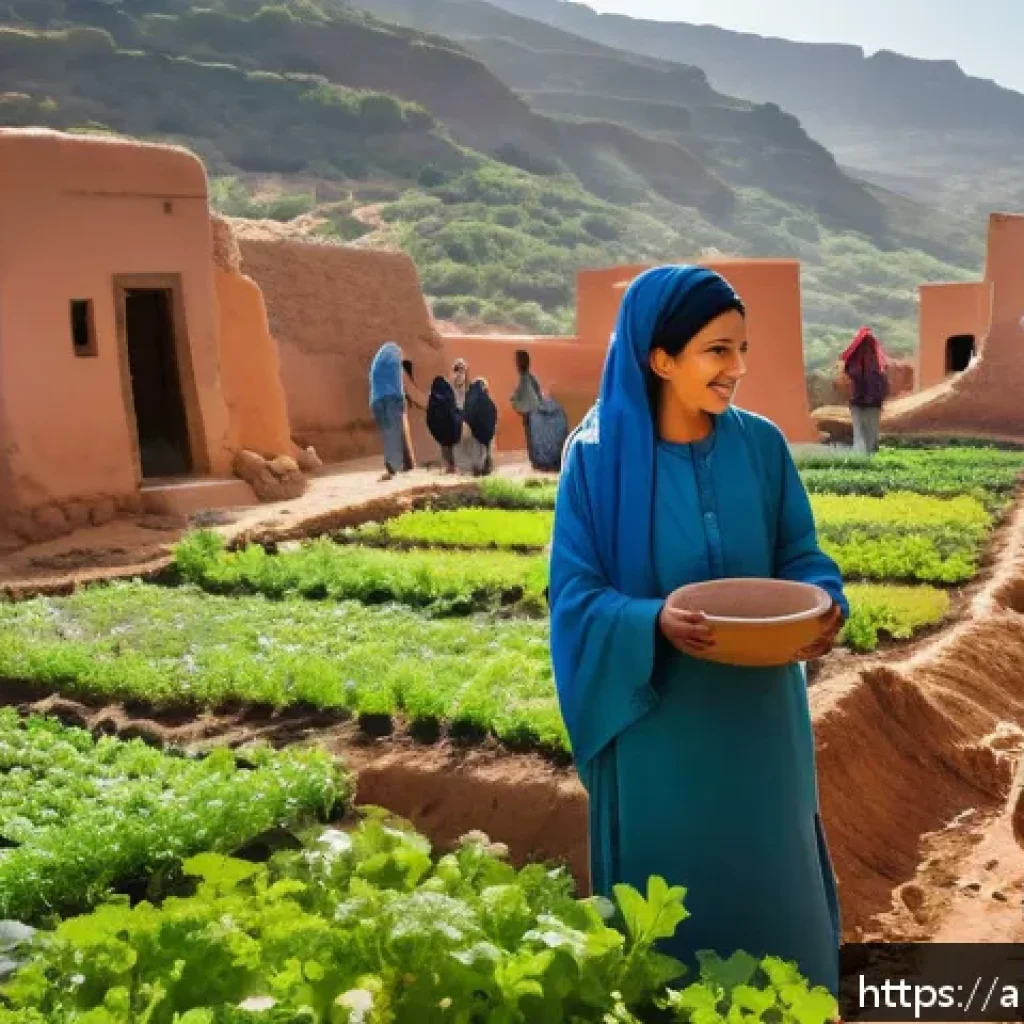 퍼머컬처 사회 시스템의 종합 평가 - A vibrant Moroccan village scene showcasing community members collaborating in permaculture farming:...