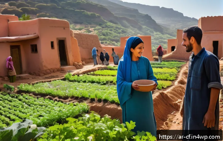 퍼머컬처 사회 시스템의 종합 평가 - A vibrant Moroccan village scene showcasing community members collaborating in permaculture farming:...