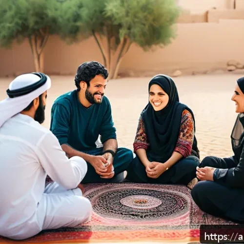 Home 33 퍼머컬처의 커뮤니케이션 전략 - A vibrant community workshop scene in a Middle Eastern village setting, featuring diverse groups of ...