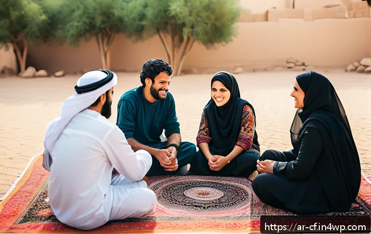 퍼머컬처의 커뮤니케이션 전략 - A vibrant community workshop scene in a Middle Eastern village setting, featuring diverse groups of ...