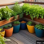 Home 20 퍼머컬처의 실천적 접근법 - A cozy, small urban balcony garden designed with sustainable agriculture principles, featuring multi...