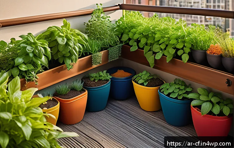퍼머컬처의 실천적 접근법 - A cozy, small urban balcony garden designed with sustainable agriculture principles, featuring multi...