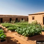 Home 19 퍼머컬처 커뮤니티 구축 방법 - A vibrant community permaculture garden in a Middle Eastern village setting, showcasing diverse nati...