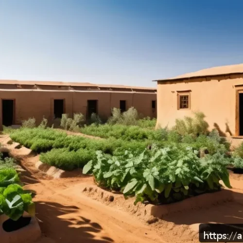 Home 31 퍼머컬처 커뮤니티 구축 방법 - A vibrant community permaculture garden in a Middle Eastern village setting, showcasing diverse nati...