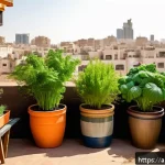 Home 18 퍼머컬처 사회 시스템의 실제 적용 사례 - A vibrant urban rooftop garden in a Middle Eastern city, featuring lush green vegetables and fruit p...