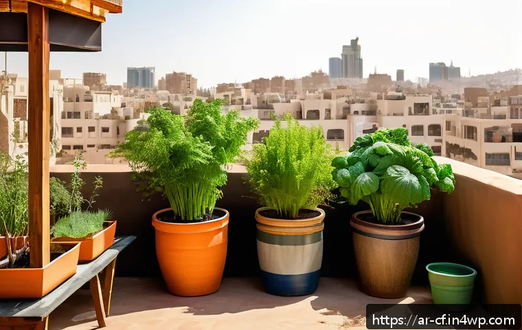 퍼머컬처 사회 시스템의 실제 적용 사례 - A vibrant urban rooftop garden in a Middle Eastern city, featuring lush green vegetables and fruit p...