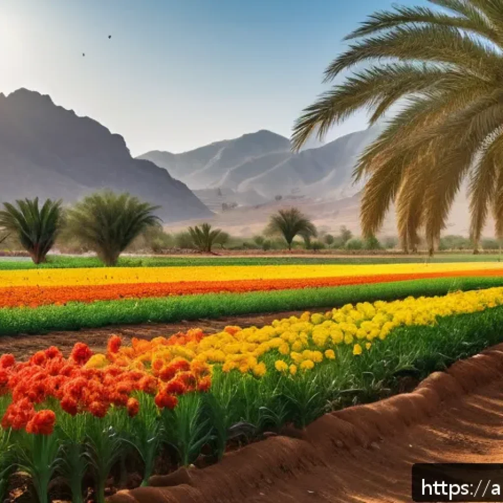 퍼머컬처와 생물 다양성의 상관관계 - A vibrant sustainable farm scene in a Middle Eastern setting, showcasing mixed crop fields with dive...