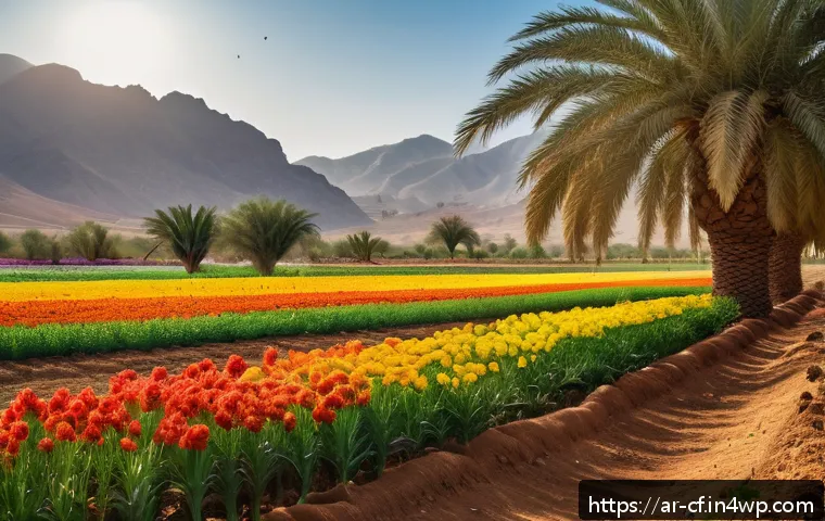 퍼머컬처와 생물 다양성의 상관관계 - A vibrant sustainable farm scene in a Middle Eastern setting, showcasing mixed crop fields with dive...
