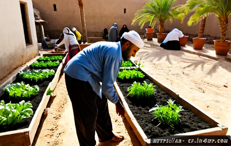 퍼머컬처의 사회적 통합 전략 - Photorealistic community permaculture garden in a Middle Eastern neighborhood, Arab families of diff...