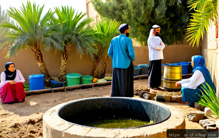 퍼머컬처의 사회적 변화 이론 - Photorealistic community permaculture garden in a Middle Eastern neighborhood, diverse Arab families...