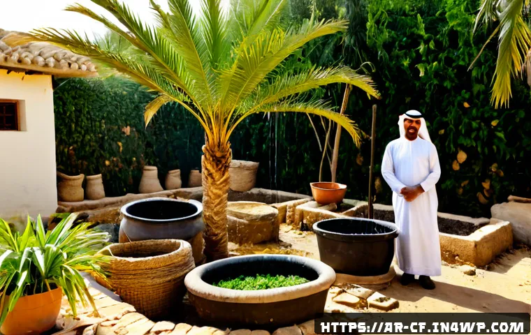 퍼머컬처와 지역 자원을 활용하는 방법 - Photorealistic permaculture garden beside a traditional Arab family home, an older Arab gardener and...